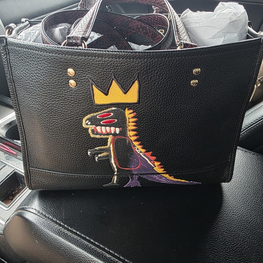 NWOT COACH Black Leather Tote with Dino Motif and Pink Snake-Print Strap - Picture 10 of 10